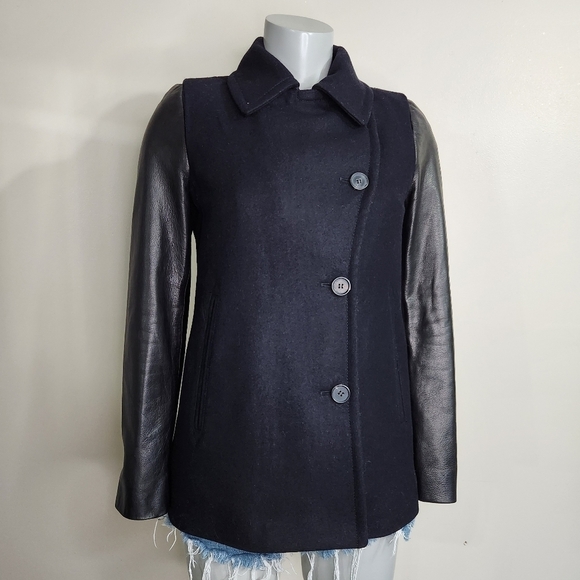 All Saints Ishba Black Leather Sleeve Navy Blue Wool Pea Coat Size 4 - Picture 8 of 15